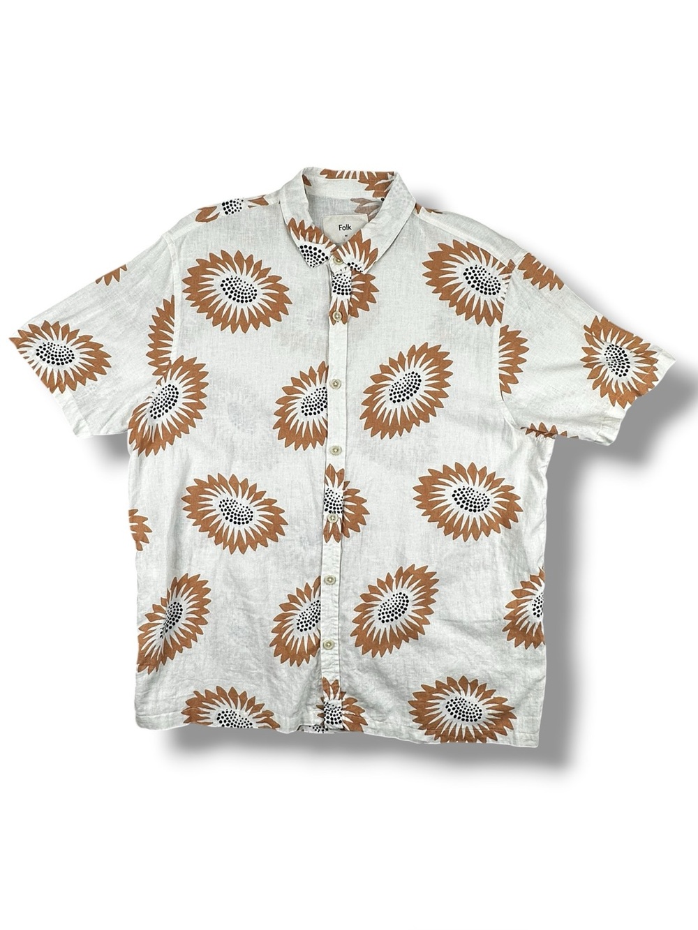 Folk Sunburst Print Short Sleeve Button Down Shirt Linen Blend Tan Rust Size Med